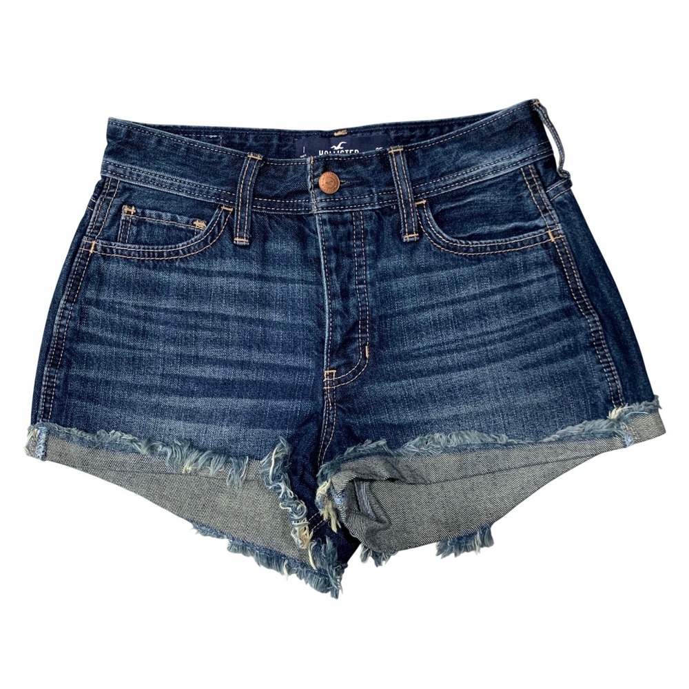 Hollister‎ High Rise Vintage Denim Shorts Frayed Hem Dark Wash Size 25